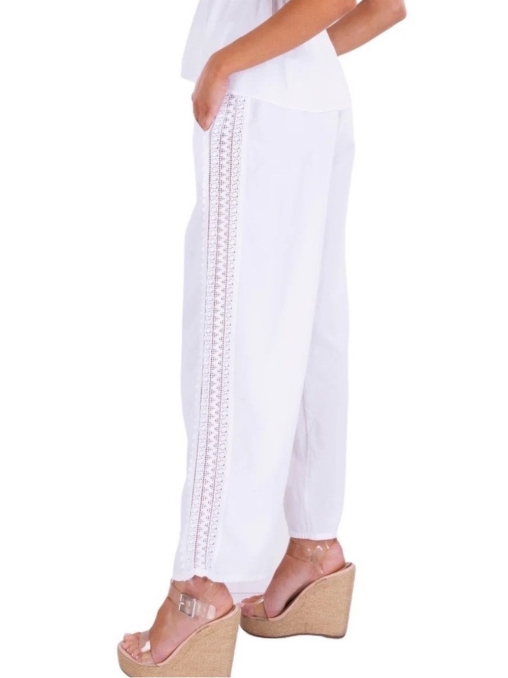 Seaspice Resort Wear White Wide Leg Pants Large Peruvian Cotton Crochet Lace L